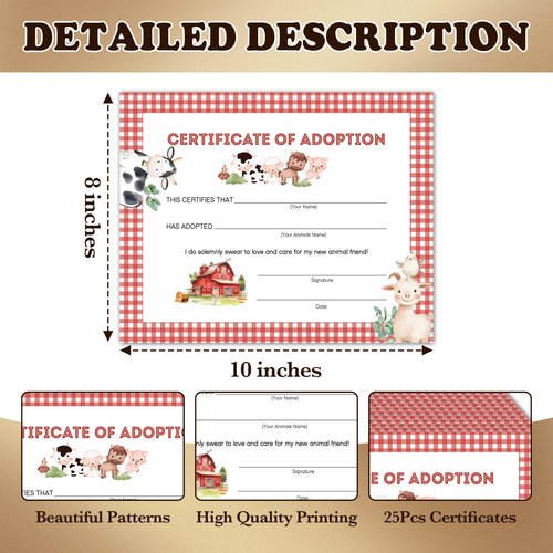 Farm Animals Adoption Certificate, Adopt an Animal Party Favors, 10 Pcs Pet Adoption Card Gifts for Girls Boys, Farm Barnyard Birthday Party Supplies Decorations, 48