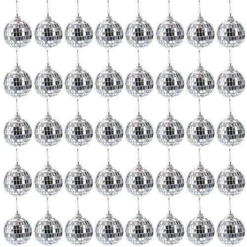 Suwimut 40 Pack Mirror Disco Ball, 2 Inch Silver Hanging Disco Light Mirror Ball with Attached String for Party Wedding Home Decoration, Stage Props, Christmas Xmas Tree Ornament