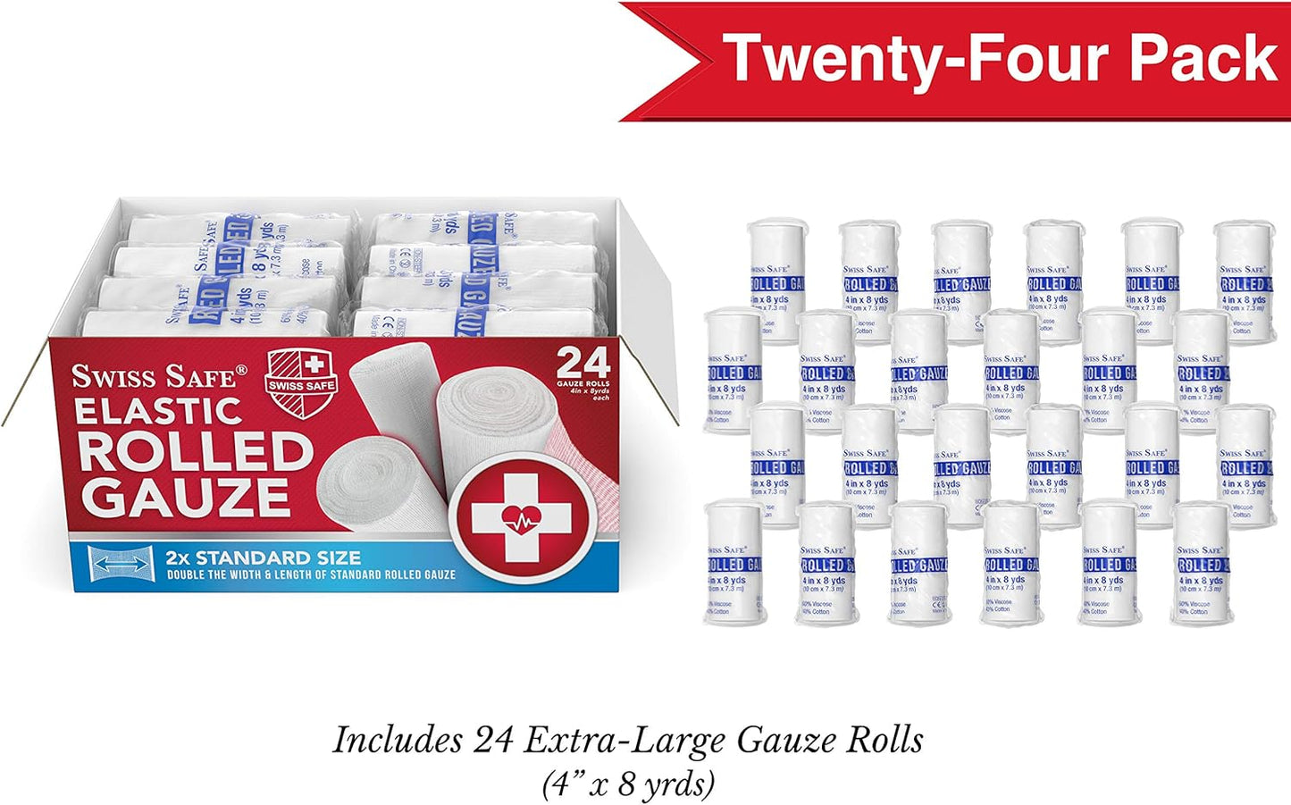 Swiss Safe Long Elastic Stretch Gauze Rolls - 4 Inch x 8 Yards | 24 Pack for Enhanced Wound Care