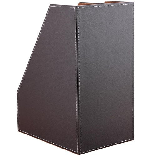 KINGFOM Wooden Leatherette Desktop File Folder Organizer and Document File Stand Journals Magazine Rack 2 Slots (brown)