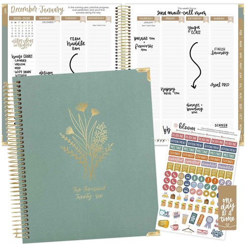 bloom daily planners 2026 Hardcover Calendar Year Goal & Vision Planner (January to December) - Monthly & Weekly Agenda Organizer - 7.5" x 9" - Green Linen