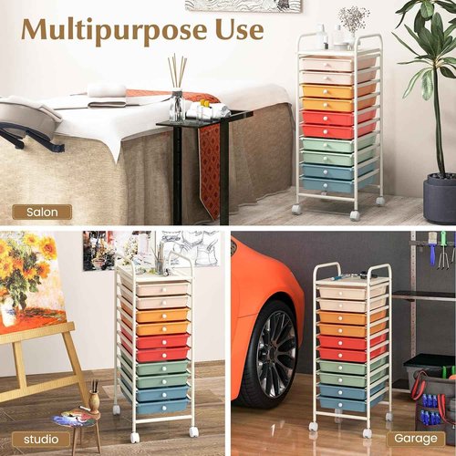 FUTADA 10-Drawer Rolling Storage Cart, Multi-Color, Alloy Steel Frame, Plastic Drawers, Lockable Casters