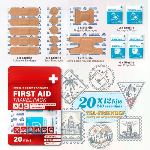 EVERLIT CARE Travel Bandage Pack - 12 Individual Packets in Compact Water-Resistant Pouch | On-the-Go First Aid Essentials