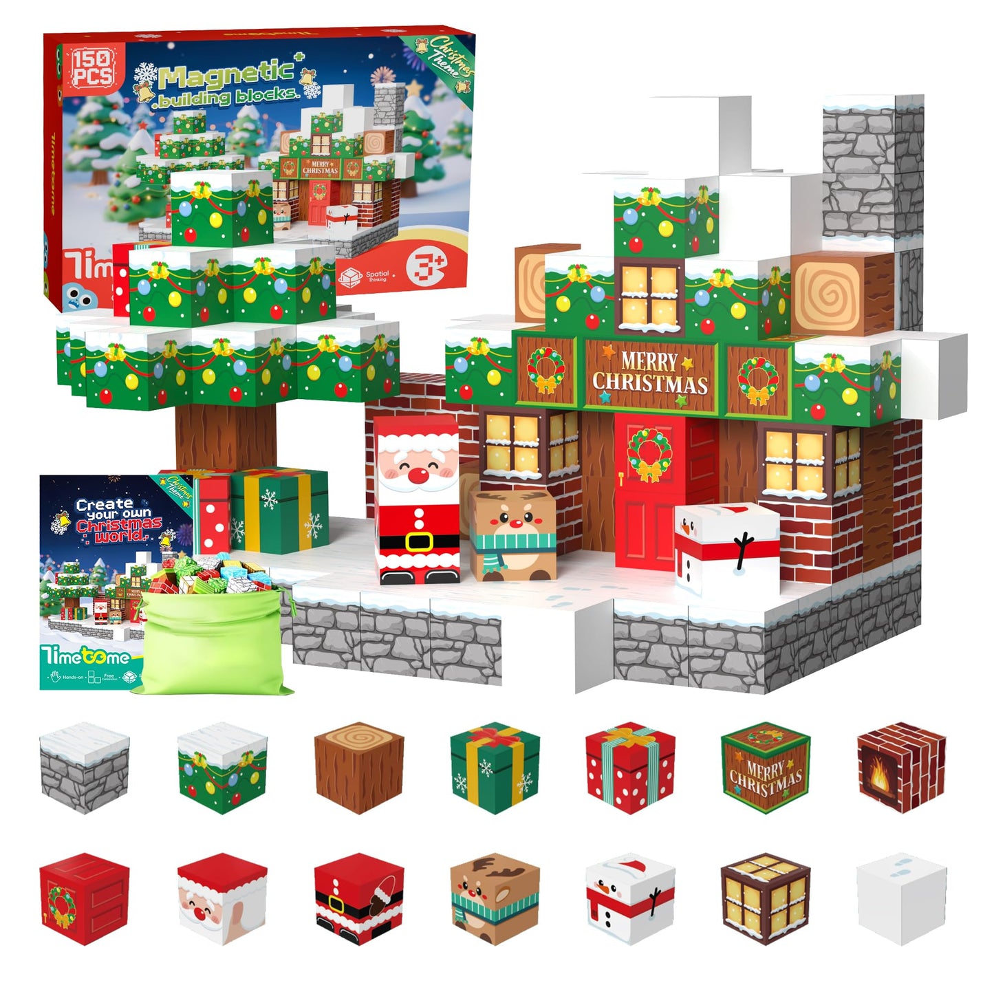 Timetome Magnetic Blocks, 150PCS Magnetic Building Block Cubes, STEM Montessori Sensory Toys for Kids Boys Girls Ages 3 4 5 6 7 8 9 10 (Christmas Version)