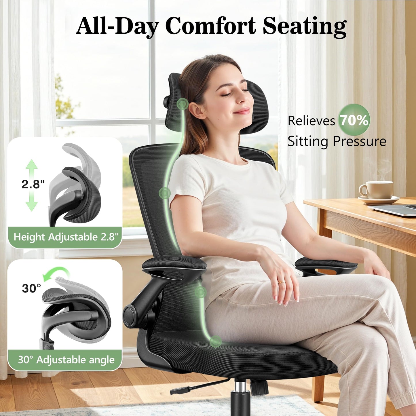 Ergonomic Office Desk Chair, Computer Desk Chair with Adjustable Lumbar Support, FILP-up Arms, Breathable Mesh Home Office Chairs Comfortable for Long Hours, Black