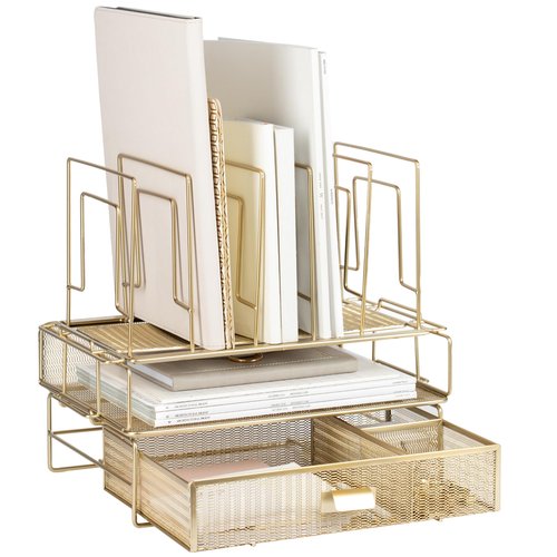 BLU MONACO Gold Desk Organizer, Gold Desk Accessories Set for Women, Includes Detachable File Organizer, Stackable Paper Tray & Drawer, Office Supplies for Desk