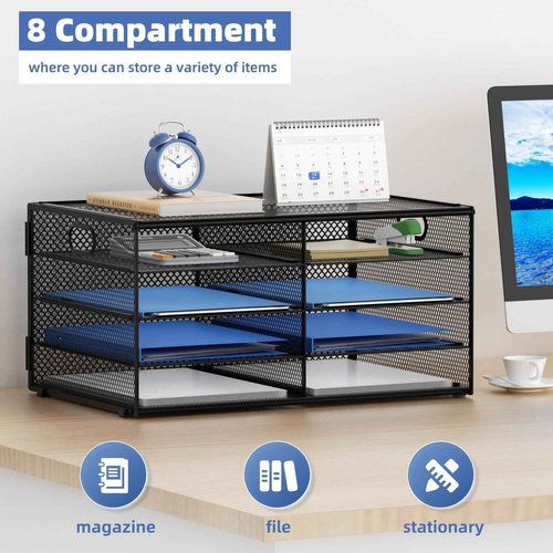 Lavatino 8 Compartments Paper Organizer for Desk, Mesh Literature Organizer, Mail File Sorter Tray with Handle, Desktop Mailbox for Office Classroom Home, Black