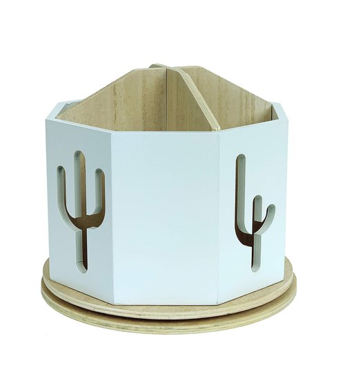 Spinning Desktop Stationary Organizer – Decorative Wooden Rotating Pen and Pencil Cup – Desk and Table Top Office Supplies Station - by Designstyles (White with Cactus Cutout)