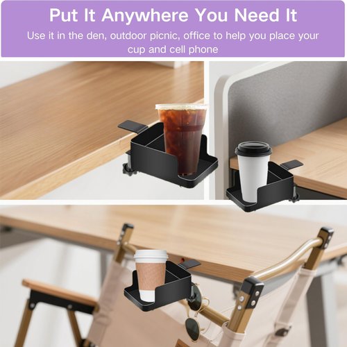 JTDER Desk Cup Holder Clamp - Ajustable Desktop Hanging Storage Rack, Clamp On Cup Holder with Cup/Phone/Pen, with Charging Hole and Spill-Proof Cup Design (Black)