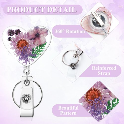 3 Pcs Flower Badge Reel Nurse Retractable Badge Holder Floral Cute Medical Badge Clips with Key Ring Flower Name ID Holder for Teacher Nurse Doctor Worker (Heart Style C)