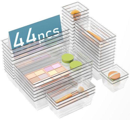 44 PCS Clear Plastic Drawer Organizers Set, 4 Size Versatile Bathroom and Vanity Organizer Trays, Cosmetic Display Cases for Makeup, Jewelries, Bedroom，Kitchen Utensils and Office