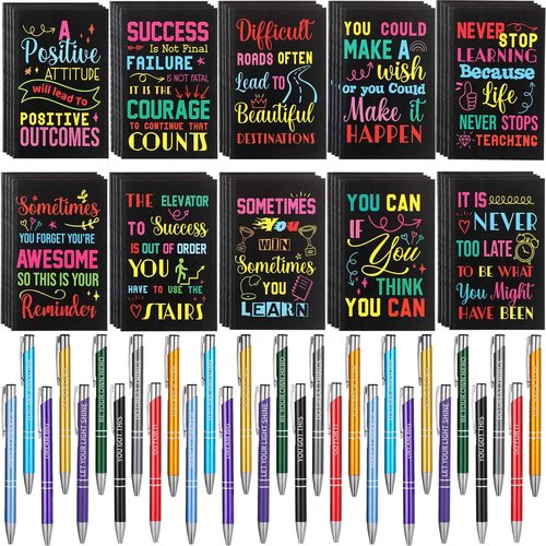 Sabary 100 Pcs Inspirational Notepads Ballpoint Pens Sets Mini Motivational Pocket Notebooks Journals Bulk Christmas Teacher Appreciation Gifts for Office Supplies(Inspirational)