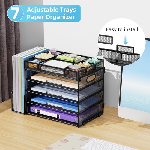 Marbrasse 5-Tier Desk Organizer with File Holder,Paper Letter Tray Organizer,Desktop File Organizer with Adjustable Compartments,Mesh Desk Organizers and Accessories for Office Supplies,Black