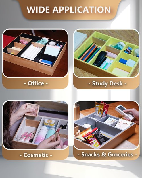 Hitseon Bamboo Desk Drawer Organizer Tray, Silicone Sturdy Junk Drawer Organizer with 10 Adjustable Compartments, Desk Organizers and Accessories with 4 Removable Dividers for Office Home (White)