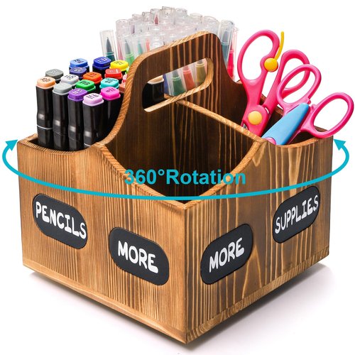 Covzoe Wood Rotating Pen Holder, 360 Degree Spinning Art Supply Organizer with Handle, 4 Slots Lazy Susan Desktop Organizer, Makeup Storage Caddy for Pencil Art Brush School, Home, Office