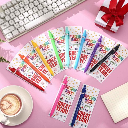 MotiMind 100 Set Welcome Back To School Supplies Gift Bulk Include Greeting Card with Tie and Inspirational Ballpoint Pen First Day of School Gift for Student Classmate Teacher Classroom (Vivid Color)