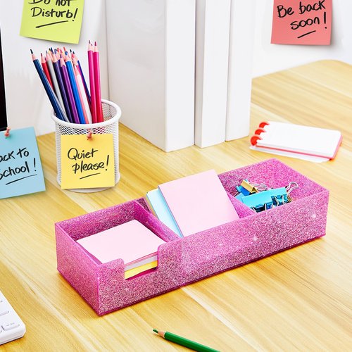 Chunful 3in1 3"x3" Acrylic Glitter Sticky Note Holder For Desk Crystal Acrylic Memo Pad Dispenser Bright Pink Self Stick Note Pad Holder for Dorm Room Home Desk Organizer School Office Supplies