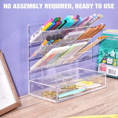 NiOffice Clear Acrylic Desk Organizer with 10 Compartments for Pens, Writing & Correction Supplies Ideal for Office, School and Home Use