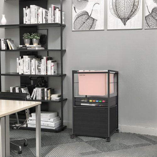 VECELO Printer Stand with Open Storage Shelf, Rolling File Cabinet with Fabric Drawer, Small Side Table for Bedroom,Living Room,Vintage Leather Pull Design, Black