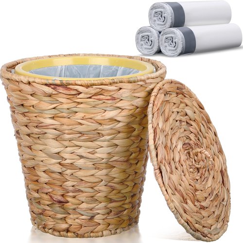 Menkxi 3 Gallon Wicker Waste Basket with Lid in Bedroom Bathroom Wicker Trash Can Office, Boho Handwoven Waste Basket with Plastic Insert and 60 Pcs Drawstring Trash Bag