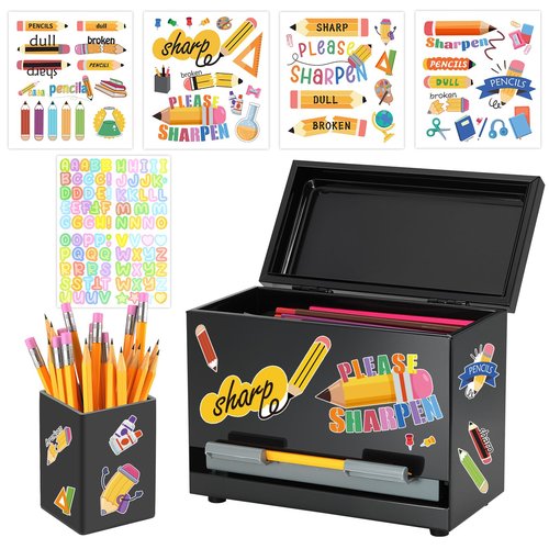 Pencil Dispenser for Classroom Stainless Steel Pencil Holder for Desk, Pencil Dispenser Set with Silicone Organizer & 5 Stickers, Back to School Classroom Must Haves Teacher Supplies (Black)