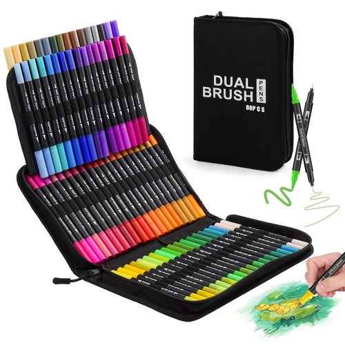 Art Marker Brush Pens Set - 80 Colors Fine & Brush Dual Tip Water-Based Markers for Adult Coloring Books No Bleeding Drawing Pens for Calligraphy, Journaling, Sketching, Lettering, Kids Artists Gifts