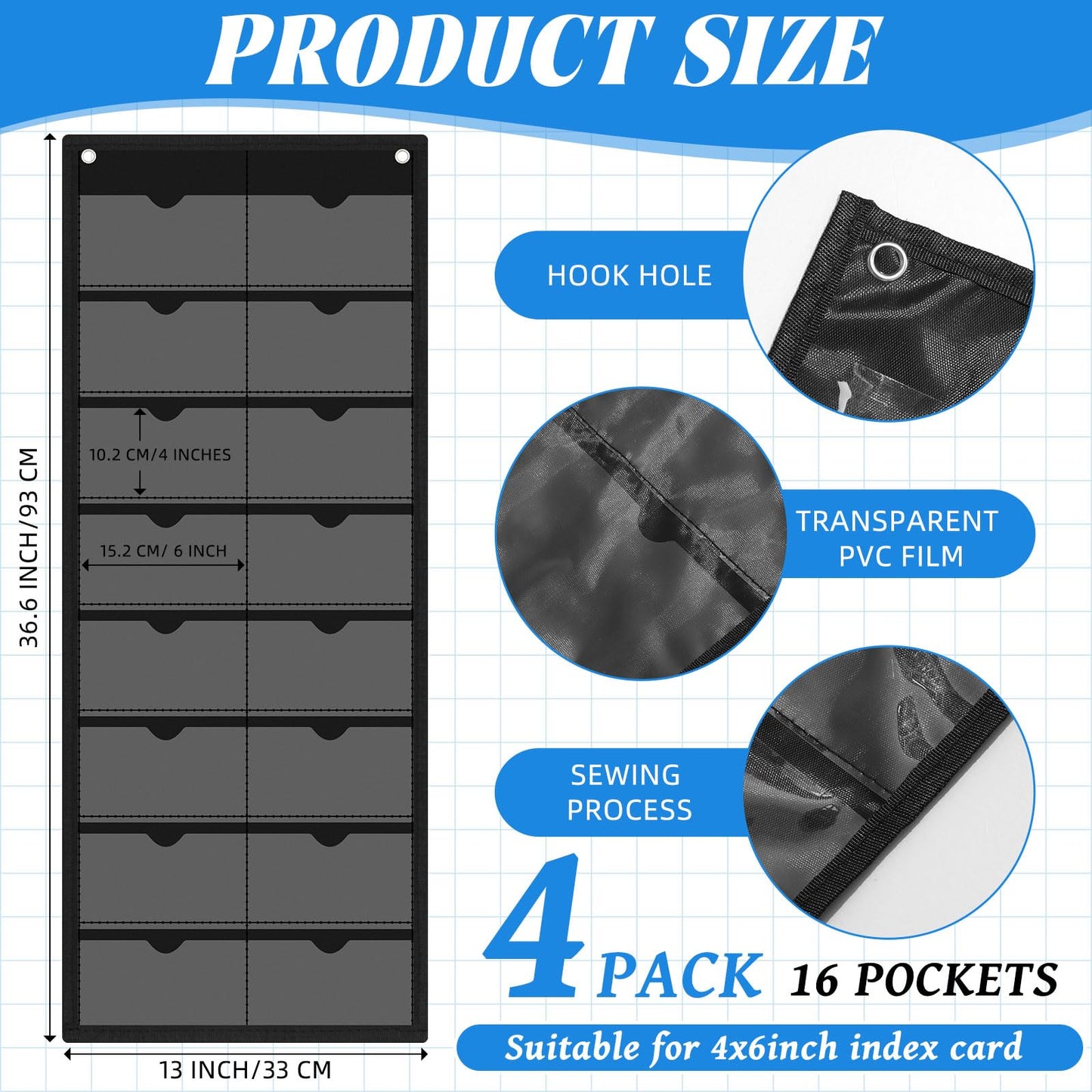 AmazingSpark 4 Pack 4'' x 6'' Index Card Holder Sleeve 16 Slot Plastic Organizer Hanging Wall Mount Business Note Card Holder PVC Clear Organizer Pocket for Classroom Office Library Home (Black)