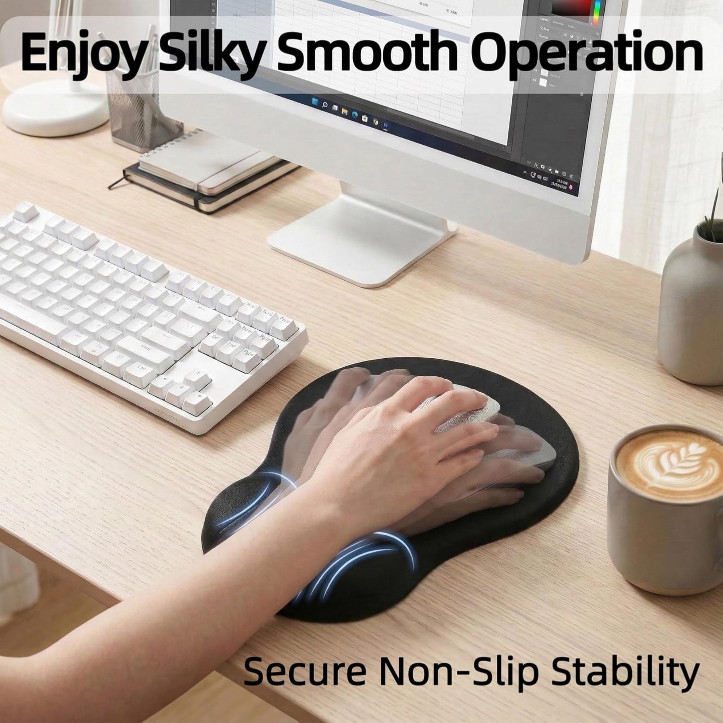 Skiennix Ergonomic Mouse Pad - Memory Foam Wrist Support for Pain Relief | Non-Slip PU Base (Grey)