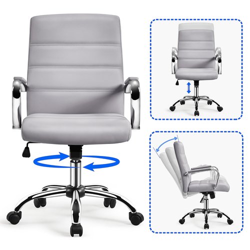 Yaheetech Mid-Back Office Chair with Arms Swivel PU Leather Height Adjustable Office Executive Chair, Light Gray