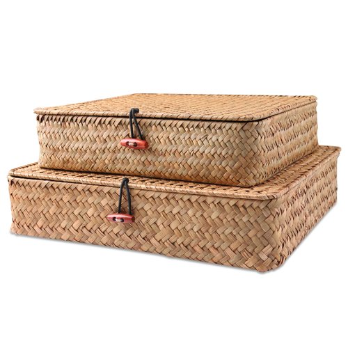 FEILANDUO Shelf Baskets with Lids Wicker Storage Baskets for Shelves Organizing Natural Seagrass Rattan Woven Organizer Boxes Boho Home Decor