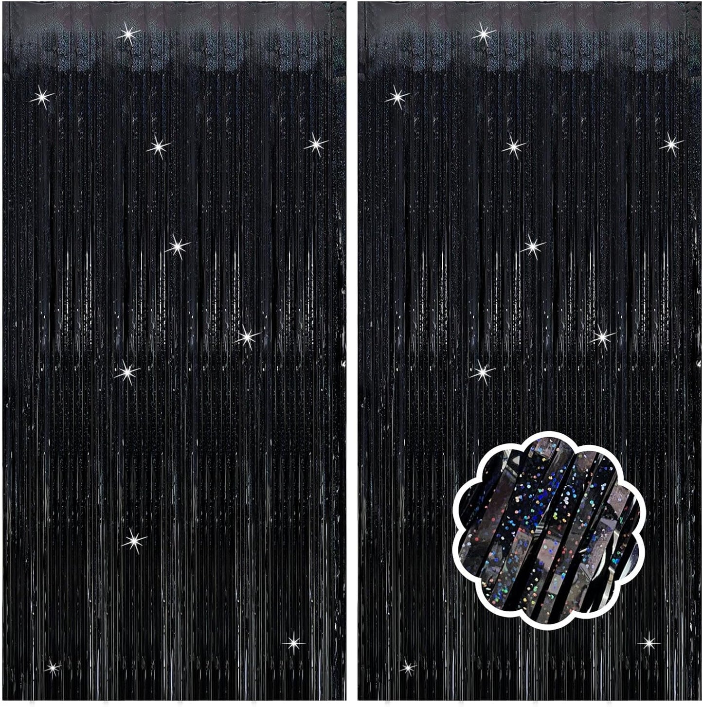 Skiennix Black Streamers - 2 Pack Tinsel Backdrop Curtains for Birthday & Halloween Parties