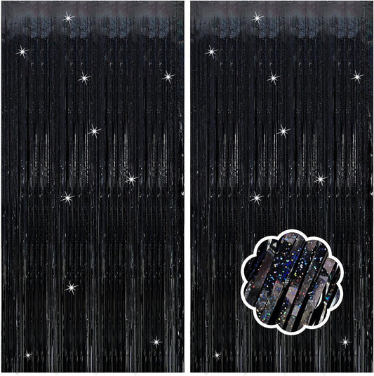 Skiennix Black Streamers - 2 Pack Tinsel Backdrop Curtains for Birthday & Halloween Parties
