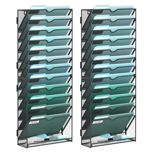 SUPEASY 13-Tier Wall File Organizer, Hanging Wall Files for Papers, Folders, Magazines, Wall Organizer for Clipboard, Assembly Needed, Black, 2 Pack