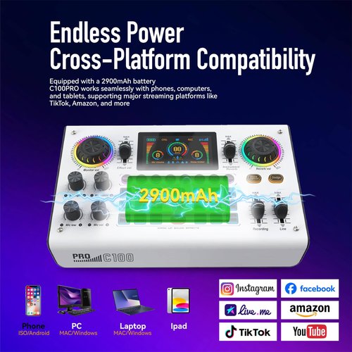HICALL C100 PRO Mixing Console Professional Live Streaming - Dual DSP Noise Cancellation, Voice Effects, Long Battery, Cross-Platform