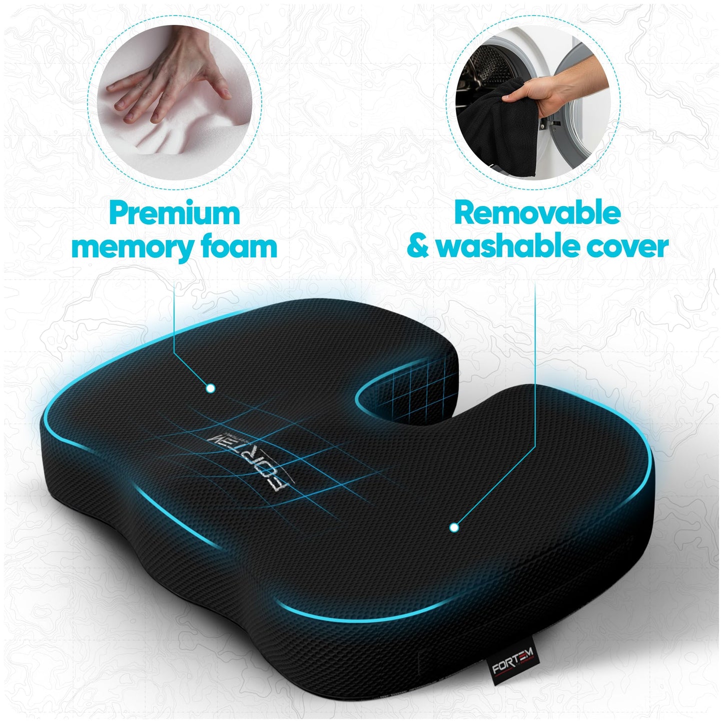 FORTEM Seat Cushion, Office Chair Cushion, Memory Foam Car Seat Cushions, Sciatica Coccyx Tailbone Pain Relief, Chair Cushions for Back Support, Sitting Pad for Gaming, Washable Cover, Non Slip