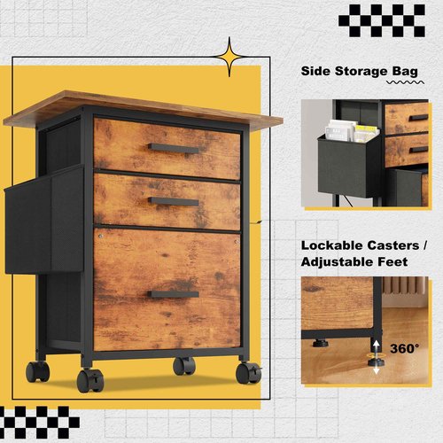 NASHZEN File Cabinet Printer Stand, Fabric Mobile Filing Cabinet with 3 Storage Drawers, for Hanging A4, Letter Size File Folders, Storage Bag and Hooks Home Office, Rustic Brown