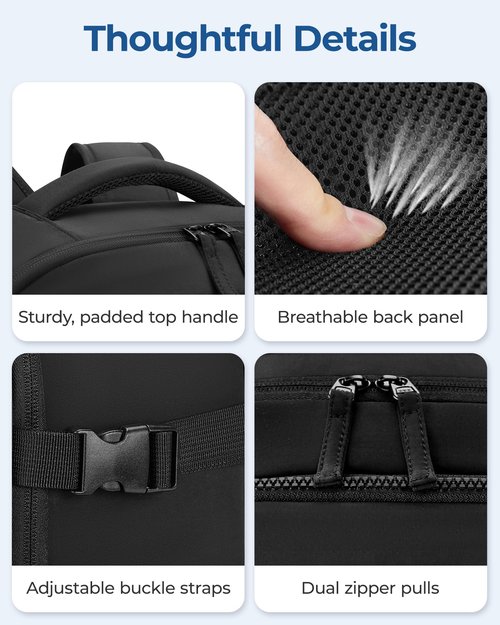 BAGSMART 30L Unisex Black Travel Backpack, 17 Inch Laptop Compartment, Water Resistant, Large Capacity, Padded Strap, Zipper Closure