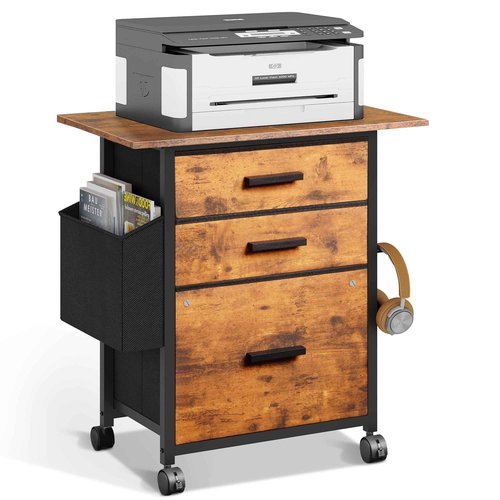 NASHZEN File Cabinet Printer Stand, Fabric Mobile Filing Cabinet with 3 Storage Drawers, for Hanging A4, Letter Size File Folders, Storage Bag and Hooks Home Office, Rustic Brown