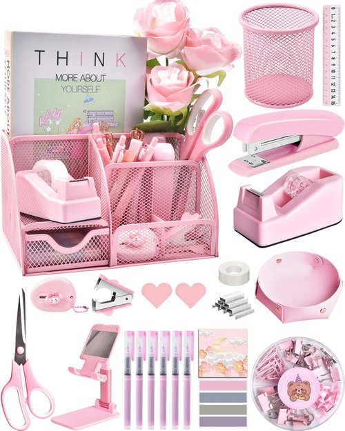 Pink Desk Accessories, 24Pcs Pink Office Supplies and Desk Organizers, with Tape Dispenser, Stapler, Staple Remover, Ect, Fill Your Desktop with Lovely Pastel Colors, Back to School