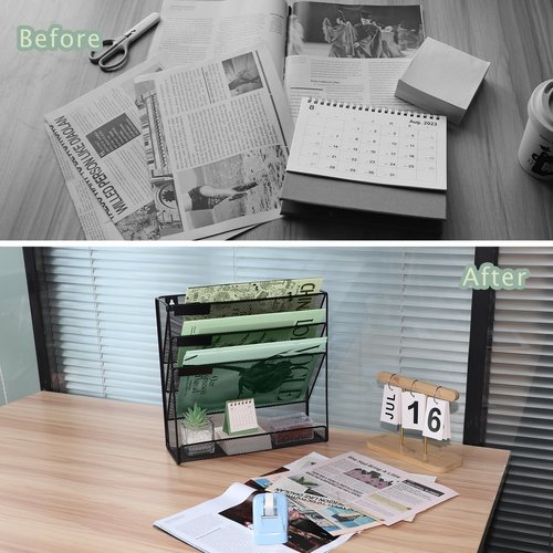 ideallife 3 Pockets Mesh Wall File Holder Organizer with Bottom Flat Tray, Office Hanging File Folder Magazine Rack, Nametag Label Hooks Set Included, Black