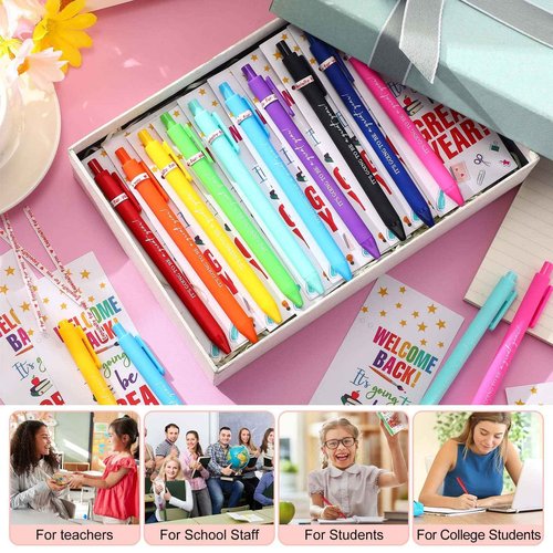 MotiMind 100 Set Welcome Back To School Supplies Gift Bulk Include Greeting Card with Tie and Inspirational Ballpoint Pen First Day of School Gift for Student Classmate Teacher Classroom (Vivid Color)