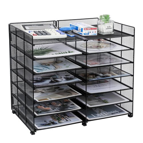 TQVAI 7-Tier Desk Paper Organizer, 12 Slots Mesh Countertop File Mail Organizer, Adjustable Sliding Shelves, Desktop Mailbox Cubbies for Office, Classroom, Black