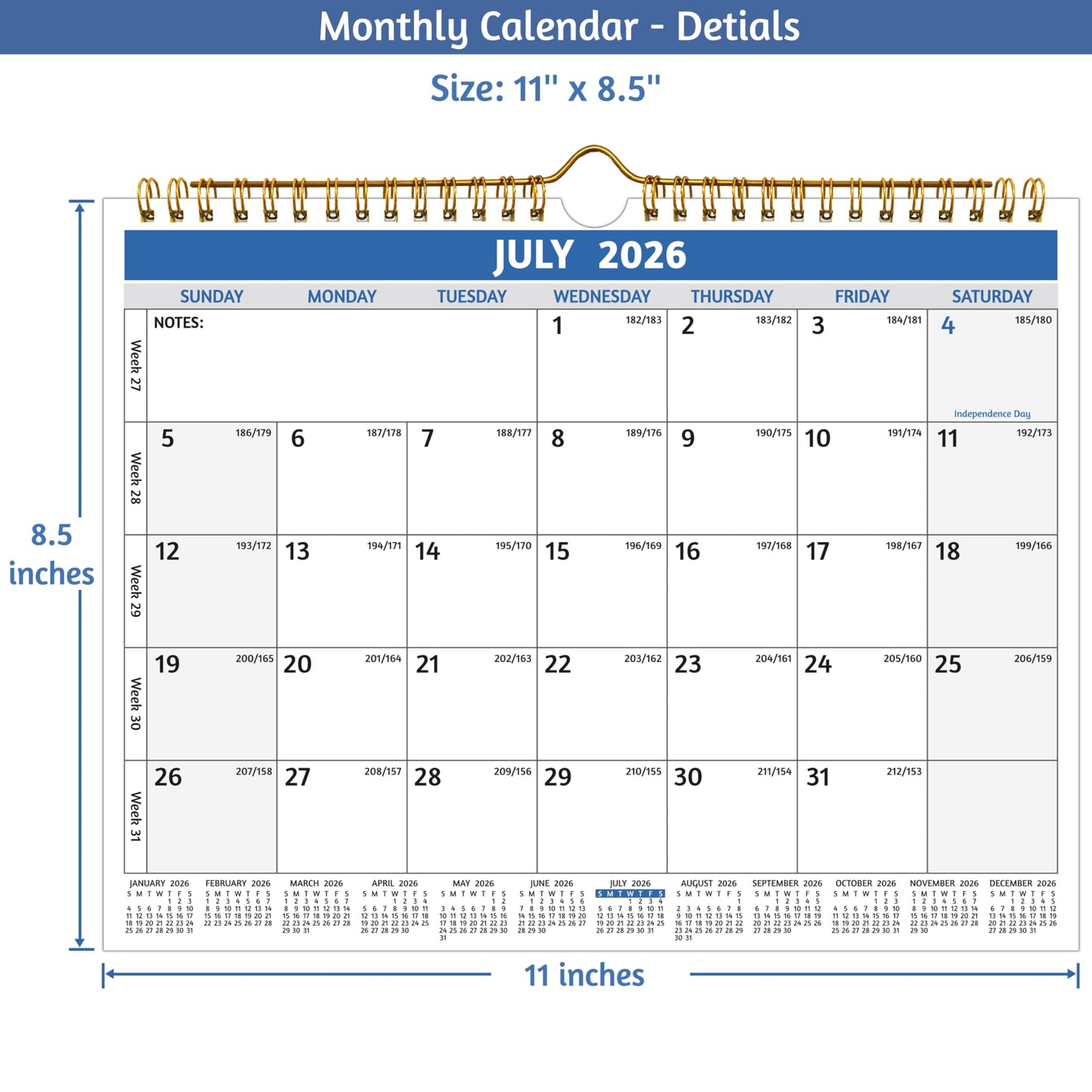 Wall Calendar 2026-2027 – Run Now to Jun 2027, 18 Monthly Calendar 2026-2027, 11 x 8.5 In, Small Monthly Calendar Wall, with Thick Paper, Holidays, Julian Dates ＆ Notes, Colorful Design