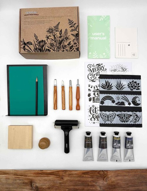 Xenolog Deluxe Block Printing kit - Premium lino Cutters, Linoleum Blocks for printmaking, Includes Printing Ink in 4 Colors, Brayer, baren, Basswood, Transfer Paper, Stencils, and Guide - Ideal Gift