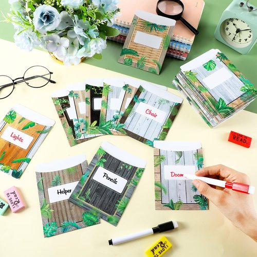 MotiMind 100 Pcs Class Library Card Pockets, Classroom Jobs Bulletin Board Library Pockets Chart with Erasable Pen and Glue for Chalkboard Home Office Back to School Decor(Green Leaf Countryside)