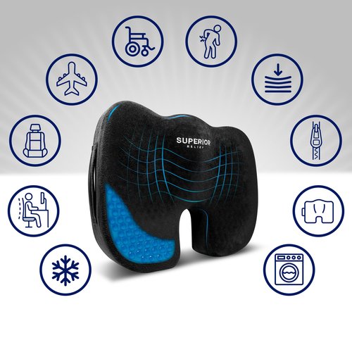 SUPERIOR RELIEF Seat Cushion for Office Chair, Car & Gaming – Cooling Gel, Ergonomic Coccyx Support for Sciatica & Back Pain Relief – Non-Slip, Washable Cover, Portable Comfort Pad