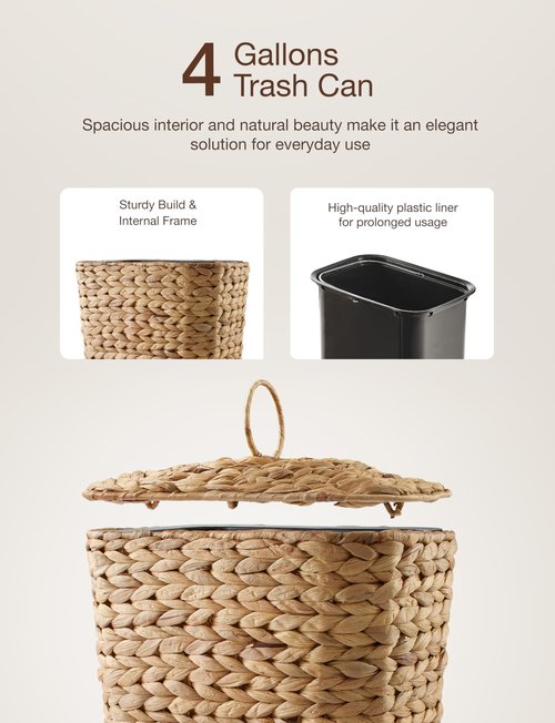 Tidita Wicker Waste Basket - Wicker Trash Can with Lid - Water Hyacinth Bathroom Garbage Can with a Lid - Bathroom Trash Can Boho Style - Removable Liner, Iron Frame (Natural, 4 Gallons)