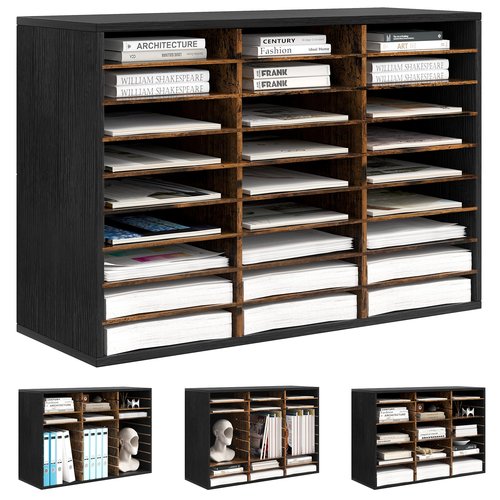 Alpeir Mail Organizer Countertop, 27 Slots Wooden Desk File Literature Sorter, Adjustable Paper Storage Shelves Document Holder, Space Saving Desktop Mailbox for Office Classroom, Black/Rustic Brown