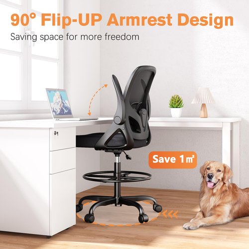 ORRSAKER Tall Drafting Chair with Lumbar Support and Footrest Ring, Supportive Tall Extended Height Ergonomic Desk Chair for Home Work, Breathable Mesh Office Chair with Flip up Arms(Black)