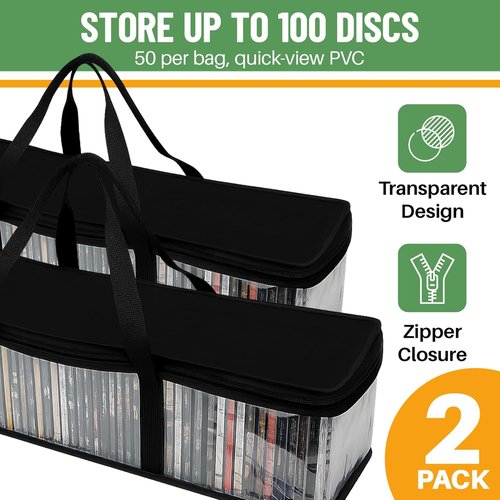 Evelots CD Storage Bags - Clear PVC Media Carrying Case with Zipper | Holds 100 CDs - Durable & Moisture-Proof